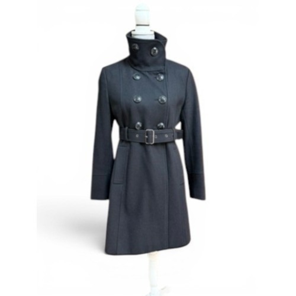 GUESS Black Petite‎ M Wool Military Coat Funnel Neck Double Breasted Peacoat